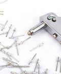 Image of 100 Pack Aluminum Blind Rivets For Easy DIY Fixes, Diameter Three Sixteenth Inch, Grip One Quarter Inch, shown with rivet tool.