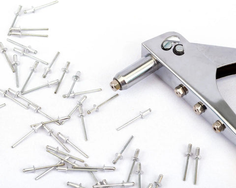 Image of 100 Pack Aluminum Blind Rivets For Easy DIY Fixes, Diameter Three Sixteenth Inch, Grip One Quarter Inch, shown with rivet tool.