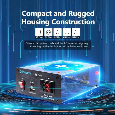 13.8V 30A DC Regulated Beefy Go-To Bench Power Supply With USB-C Quick Charge, showing compact housing and plug options.