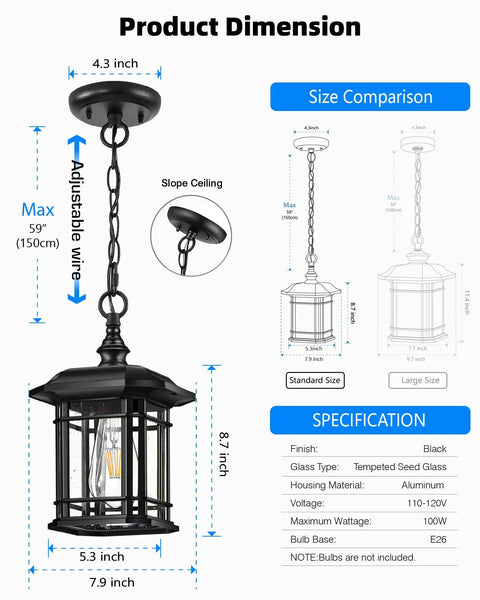 Product dimensions of Outdoor Pendant Lights For Porch Black Exterior Hanging Lanterns Waterproof Aluminum Farmhouse Ceiling Light Fixture With Tempered Seed Glass Chandelier For Gazebo.