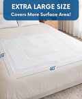 Heavy Duty Disposable Bed Pads 40X59 Inches Extra Large Underpads For Adults Bariatric Incontinence Seriously Soft And Breathable White Backing 5 Pack No Sweat Protection on bed showing dimensions.
