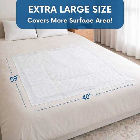 Heavy Duty Disposable Bed Pads 40X59 Inches Extra Large Underpads For Adults Bariatric Incontinence Seriously Soft And Breathable White Backing 5 Pack No Sweat Protection on bed showing dimensions.