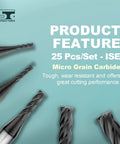 Micrograin Carbide Square End Mill Set 4 Flute Hardened Steel Ready AlTiBN Coating 25 Piece ISE Set 4T Pack displayed.