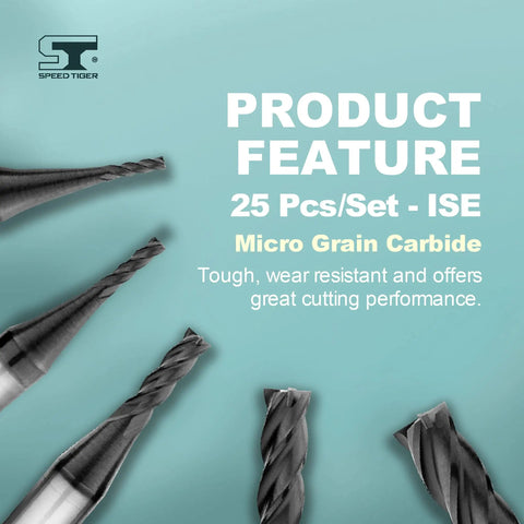 Micrograin Carbide Square End Mill Set 4 Flute Hardened Steel Ready AlTiBN Coating 25 Piece ISE Set 4T Pack displayed.