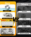Comparison of 250 Piece Flat Washers Set In 304 Stainless Steel vs others; rustproof, variety, clear labels, common sizes.