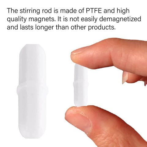 Ten Pieces PTFE Magnetic Stir Bars For Lab Mixers 20 mm White Eight Tenths Inch Stirrers Durable Non Demagnetizing Magnetic Stir Sticks Great For Scientific Experiments, white PTFE stir bar shown between fingers