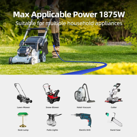 Heavy Duty 12 Gauge Outdoor Extension Cord 100 Ft Long Waterproof Power Cable powering a lawn mower in a yard.