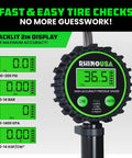 Rhino USA digital tire pressure gauge with inflator, 0-200 PSI, backlit 2-inch display, stainless braided hose