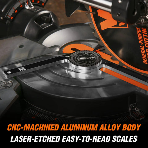 Pro Level 7.25 Inch Miter Saw Protractor CNC Machined Aluminum Alloy with laser-etched scales on miter saw for precise measurements.