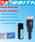 Front view of 2-piece 3/4-inch diamond hole saw kit with pilot bit and blue packaging