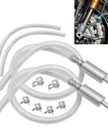 Heavy Duty Two Pack Brake Bleeder Hose Straight Up Game Changer Design With One Way Check Valve, clear rubber tubes and fittings.