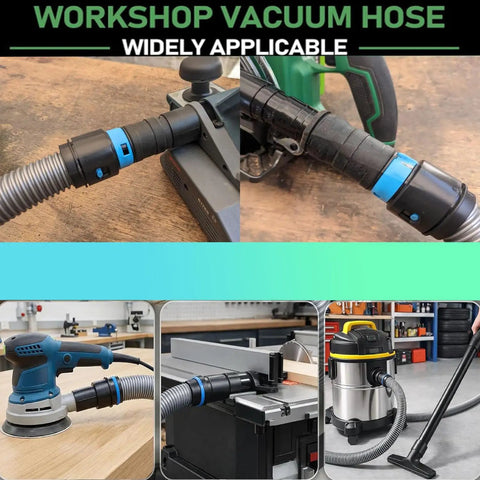 16 Ft Universal Vacuum Hose Extension Kit With Six Adapters For Home Shops And Tools Dust Collection Hose Fits Most Major Brand Vacuums One Quarter Inch To One Half Inch Connections Silver Gray shown with tools.