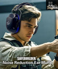 Man wearing Safety Ear Muffs SNR 33dB Noise Reduction Earmuffs ANSI Certified for superior hearing protection while shooting.
