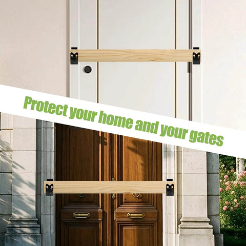 Twist To Lock Door Barricade Brackets installed on doors, heavy duty steel U shaped security reinforcement, rust proof powder coated jammer