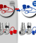 TL107 1/2in NPT ISO 16028 hydraulic quick-connect coupling set, front view with red and blue dust caps