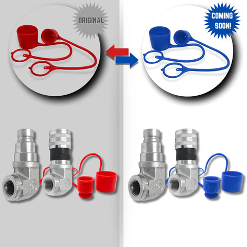 TL107 1/2in NPT ISO 16028 hydraulic quick-connect coupling set, front view with red and blue dust caps