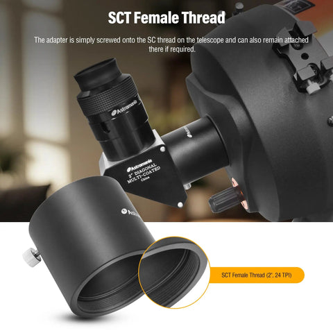 2 Inch SCT Adapter For Schmidt Cassegrain Telescopes With Side Clamp attached to telescope showing SCT thread conversion