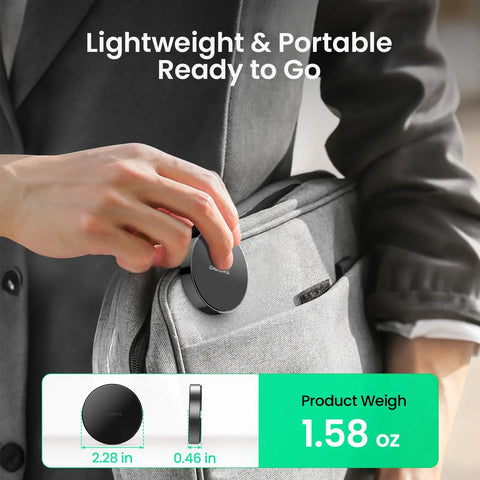 1TB Magnetic Portable SSD With USB C 3.2 Gen 2x2 Up To 2000 MB Per Second For Laptops iPhone 15 And 16 Tablets And USB C Devices Ultra Compact Go Anywhere External Solid State Drive Plug And Play Black being placed in a backpack pocket, showing dimensions and weight.