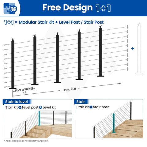 No Sweat Stainless Steel Cable Railing Kit For Stairs 16 To 20 Feet Modular Surface Mount 36 Inch Tall with post detail