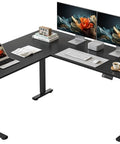 Boss Level Electric L Shaped Standing Desk Adjustable Height 63 X 55 Inches Smooth Lift Corner Table Reversible Layout with dual monitors.
