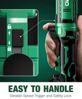 Close-up of cordless electric ratchet wrench kit showing variable speed trigger and safety lock, 20 volt design.