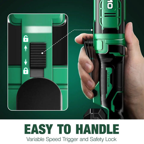 Close-up of cordless electric ratchet wrench kit showing variable speed trigger and safety lock, 20 volt design.