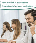 Customer service team providing 24-hour support with headsets in an office setting.