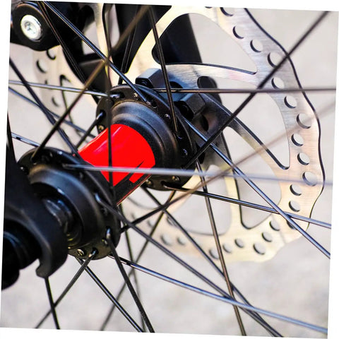 Radical Performance Mechanical Disc Brake Set For Mountain Bikes Front And Rear 160Mm Rotors close-up of red hub and rotor.