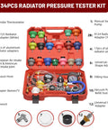 Drop Dead Easy Coolant Vacuum Refill Kit With 34 Pieces And 25 Radiator Adapters, including red case, aluminum adapters, and vacuum pump.