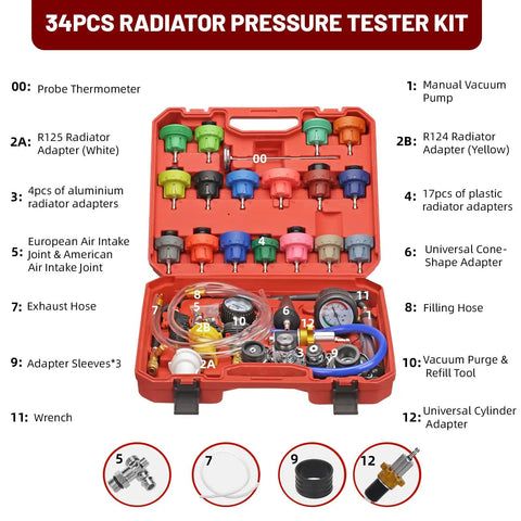 Drop Dead Easy Coolant Vacuum Refill Kit With 34 Pieces And 25 Radiator Adapters, including red case, aluminum adapters, and vacuum pump.