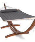 Cozy Double Hammock With Sturdy Wooden Stand For Outdoors, Fade Resistant Quilted Polyester Fabric, 475 Lb Capacity, Dark Gray