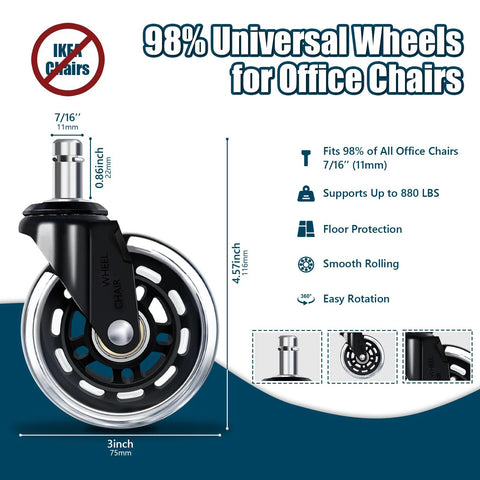 Set Of Five 3 Inch Smooth Replacement Chair Wheels With Rollerblade Style Bearings For Ultra Quiet Glide 880 Lbs Heavy Duty Transparent Casters Universal Fit For Home Office And Gaming Chairs Long Lasting Low Noise And Vibration Reduction, showing a detailed view of a single wheel with specifications.