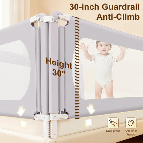 Height Adjustable Toddler Bed Rail with Thick Reinforced Guard showing 30-inch height and anti-climb feature for safety.