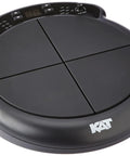 Compact Electronic Drum Pad Sound Module With Four Velocity Sensitive Pads, 50 High Quality Drum And Percussion Sounds, USB MIDI Connectivity, Dual Foot Pedal Inputs For Hi Hat And Bass Drum, Affordable Black, showing top view with control panel and brand logo.