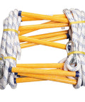 16 Foot Emergency Fire Escape Rope Ladder For Two Story Homes, folded, white ropes with yellow rungs, metal hooks visible