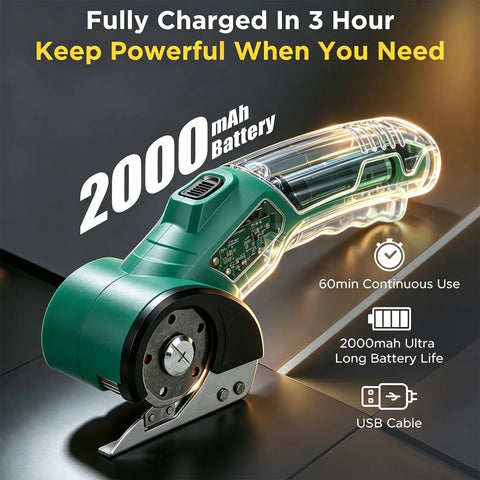 Heavy Duty Cordless Electric Scissors with 2000mAh battery for efficient cutting, featuring sleek design and sharp blades.