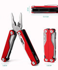15-In-1 Spring Loaded Multitool Pliers With Thickened Hardened Steel, red multitool open and folded view with dimensions.