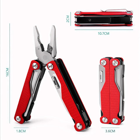 15-In-1 Spring Loaded Multitool Pliers With Thickened Hardened Steel, red multitool open and folded view with dimensions.