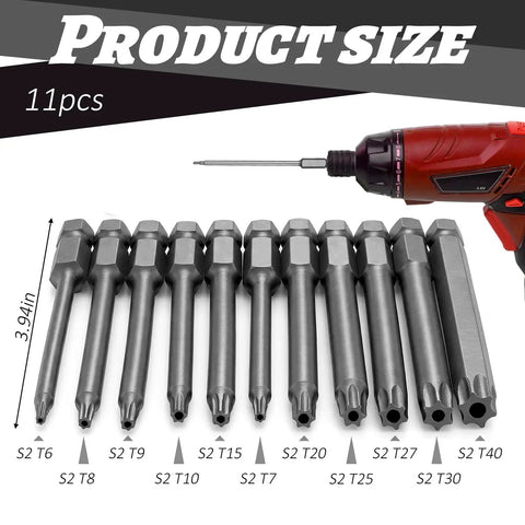 Tough As Nails 11 Piece Security Torx Bit Set Featuring Quarter Inch Hex Shank Magnetic Tamper Proof Star Drivers arranged with size labels.