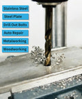 Beast Heavy Duty Cobalt Drill Bit Set 1/16 To 1/2 Inch, 17 Piece M35 High Speed Steel Twist Bits drilling into metal