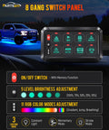 Five Point Five Inch RGB Eight Gang Switch Panel With Pro Grade 3 Silicone Buttons And Memory Function displayed with features.