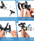 Airless Paint Sprayer Tool Set With Three Extension Poles 30 cm, 50 cm, 75 cm, Reversible Tip Nozzles And Guard shown in assembly steps