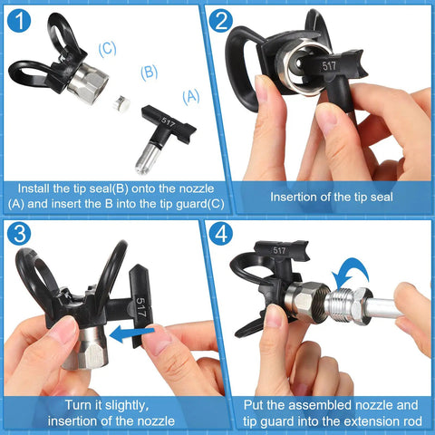 Airless Paint Sprayer Tool Set With Three Extension Poles 30 cm, 50 cm, 75 cm, Reversible Tip Nozzles And Guard shown in assembly steps