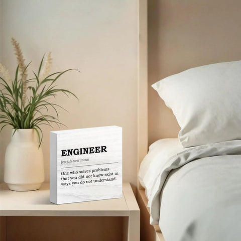 Engineer Definition Decor Box Sign on bedside table, rustic wood, white, 5x5 inches, gift for civil software mechanical electrical engineers