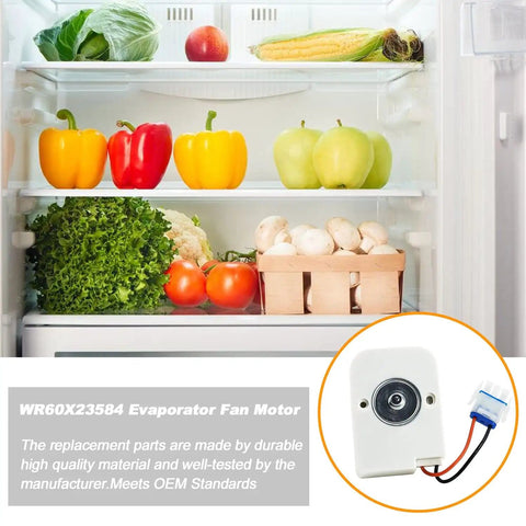 Evaporator Fan Motor For GE And Hotpoint Refrigerators, Replacement Part WR60X23584 shown in a refrigerator setting.