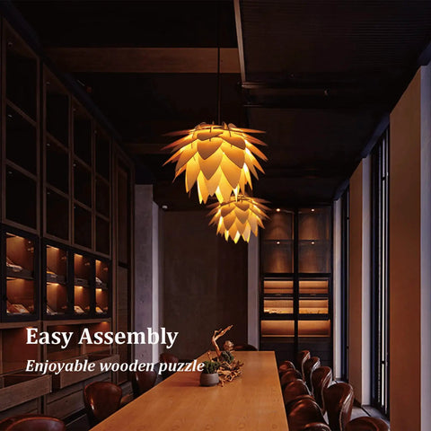 Lotus Flower Plug-In Pendant Light With Wood Boho Shade, 15Ft Rope Cord illuminating a cozy dining space with warm ambience