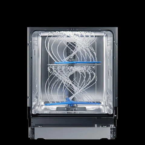 Sleek Compact Countertop Dishwasher Featuring Fully Automatic Smart Controls And Hot Air Drying with dual spray jets in action.