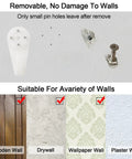 Heavy Duty Picture Hooks For Concrete Walls Zero Drilling Hassle 30 Pack displayed on drywall and wooden wall, showing no damage.
