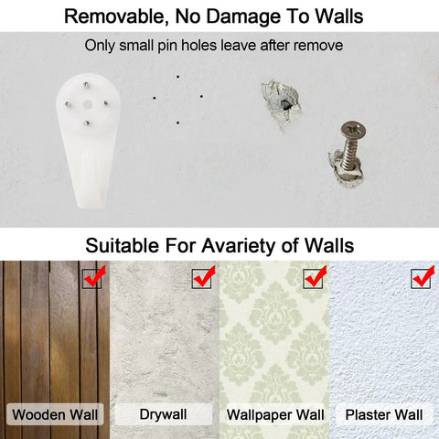 Heavy Duty Picture Hooks For Concrete Walls Zero Drilling Hassle 30 Pack displayed on drywall and wooden wall, showing no damage.