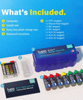Top Shelf 6 In 1 Pool Water Test Kit For Swimming Pools And Hot Tubs with plastic storage case, comparator, sample tube, and reagents.